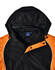 A unisex jacket featuring a black body with an orange hood and accents, showcasing a branded tag inside.
