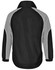 A unisex jacket in black with grey accents, featuring white piping and a branding logo.