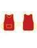 A red ladies' smock apron with yellow trim and a front pocket, featuring ties on the sides.