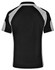 A black polo shirt with grey accents and a logo on the back. Featuring a sporty design and short sleeves.