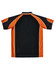 A men's polo shirt featuring black and orange panels, with a logo on the front. Back view displayed.