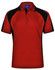 A red polo shirt with black accents, featuring a collar and a logo on the upper part.