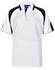 A white polo shirt with black accents and a collar, featuring a logo on the chest area.