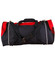 A black and red duffle bag with shoulder straps and side pockets, featuring a logo on the front.