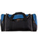 A duffle bag featuring black and blue panels, with zip closures and carrying handles. It has a logo on one side.