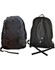 A black executive backpack featuring a sleek design and a logo, with adjustable straps and mesh panels.