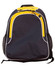 A dark blue backpack with yellow accents and mesh side pockets. It features a logo on the front.
