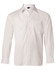 A white men's poplin long sleeve business shirt with a button-up front and a pocket on the chest.
