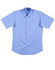 A light blue short sleeve button-up shirt with a chest pocket and a logo on the collar.