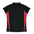 A black polo shirt with red side panels and a collar. Features a logo on the front.