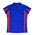 A blue polo shirt with red and white accents, featuring a collar and a button-up front. It has a logo on the label.