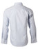A long-sleeve, button-up shirt in light blue with vertical stripes and a collar, featuring a logo on the back.