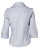 A light blue, striped, ladies' 3/4 sleeve stretch button-up shirt with a collar and rolled sleeves.