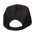 A black polycotton twill cap featuring a rear opening and an adjustable strap. Includes a logo on the back.