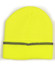 A bright yellow beanie with a folded cuff and a contrasting grey stripe. It features a logo on the cuff.