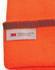 An orange beanie with a grey band, featuring a tag indicating it is made with Thinsulate insulation.