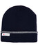 A Thinsulated cuff beanie in navy blue with a reflective band and a branded label.