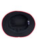 A black bucket hat with a red contrast brim and interior. The hat features a label inside.