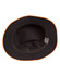 A black bucket hat with an orange contrast trim, featuring a branded tag inside.