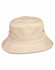 A cream bucket hat with a wide brim and metal eyelets. It features a simple design and has a logo on it.