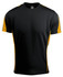 A black T-shirt with yellow side panels, featuring a logo on the neckline. Suitable for casual wear.