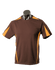 A brown T-shirt with orange accents, designed for men, displayed on a mannequin. It features a logo on the chest.