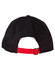 A black cap with a red adjustable strap at the back, featuring a logo on the side.