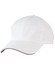 A white cap with a contrast colour brim and ventilation holes, featuring a logo on the side.