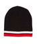 A black beanie with contrast stripes in white and red, featuring a logo.
