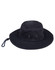 A navy blue bucket hat featuring ventilation eyelets and a drawstring. It has a logo on the side.