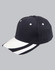 A black structured cap with a white and black striped peak and a logo.