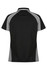 A black polo shirt with grey accents, featuring a classic collar and a logo on the chest area.