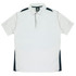A white polo shirt featuring navy accents and a collar, with a logo located on the upper portion.
