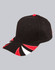 A black cap featuring tri-colour red, white, and black design elements, with a logo at the front.