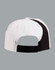 A white baseball cap featuring a black stripe on the back and an adjustable strap, with a logo on the side.