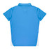 A blue polo shirt with short sleeves and a white side panel, featuring a collar and an unseen logo.