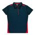 A navy blue polo shirt with red accents and a collar, featuring buttons and a brand logo.
