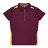 A maroon polo shirt with yellow side details and a collar, featuring three buttons and a logo.