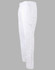 White chef pants with a relaxed fit and side pockets, featuring an elastic waistband and a branding logo.