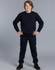 A kids' crew neck fleecy sweater in navy, worn with matching navy pants, featuring a logo on the garment.