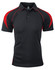 A black polo shirt with red accents and a logo. Features a collared neck and short sleeves.