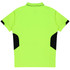 A bright yellow polo shirt with black accents on the sides and back, featuring a collar and short sleeves.