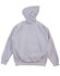 A grey kids' fleece hoodie with a kangaroo pocket and a hood. It has a simple design and includes a logo.