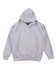 A grey kids' fleece hoodie featuring a front pocket and a hood, with raglan sleeves. It has a logo on it.