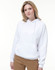 A white adult's close front contrast fleecy hoodie with a kangaroo pocket and a drawstring hood.
