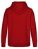 A red adult's hoodie with a close front design and a hood. It features a branding logo.