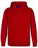 A red adult's close front contrast fleecy hoodie with a front pocket and a hood. Features a logo on the design.
