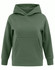 A green kids' hoodie with a front pocket and a contrast fleecy interior. It features a hood and long sleeves.