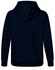 A dark navy hoodie with a front pocket and a contrasting hood. Includes a logo on the garment.