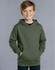 A grey kids' fleecy hoodie with a front pocket and a hood, worn by a smiling child against a neutral background.